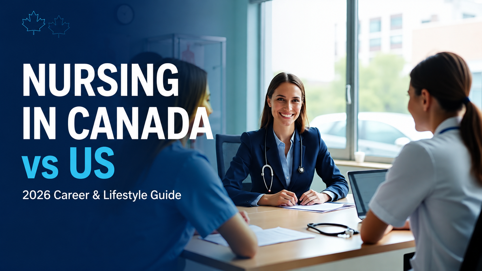 Nurses in a clinical consultation for a 2026 guide comparing nursing careers and lifestyle in Canada versus the United States