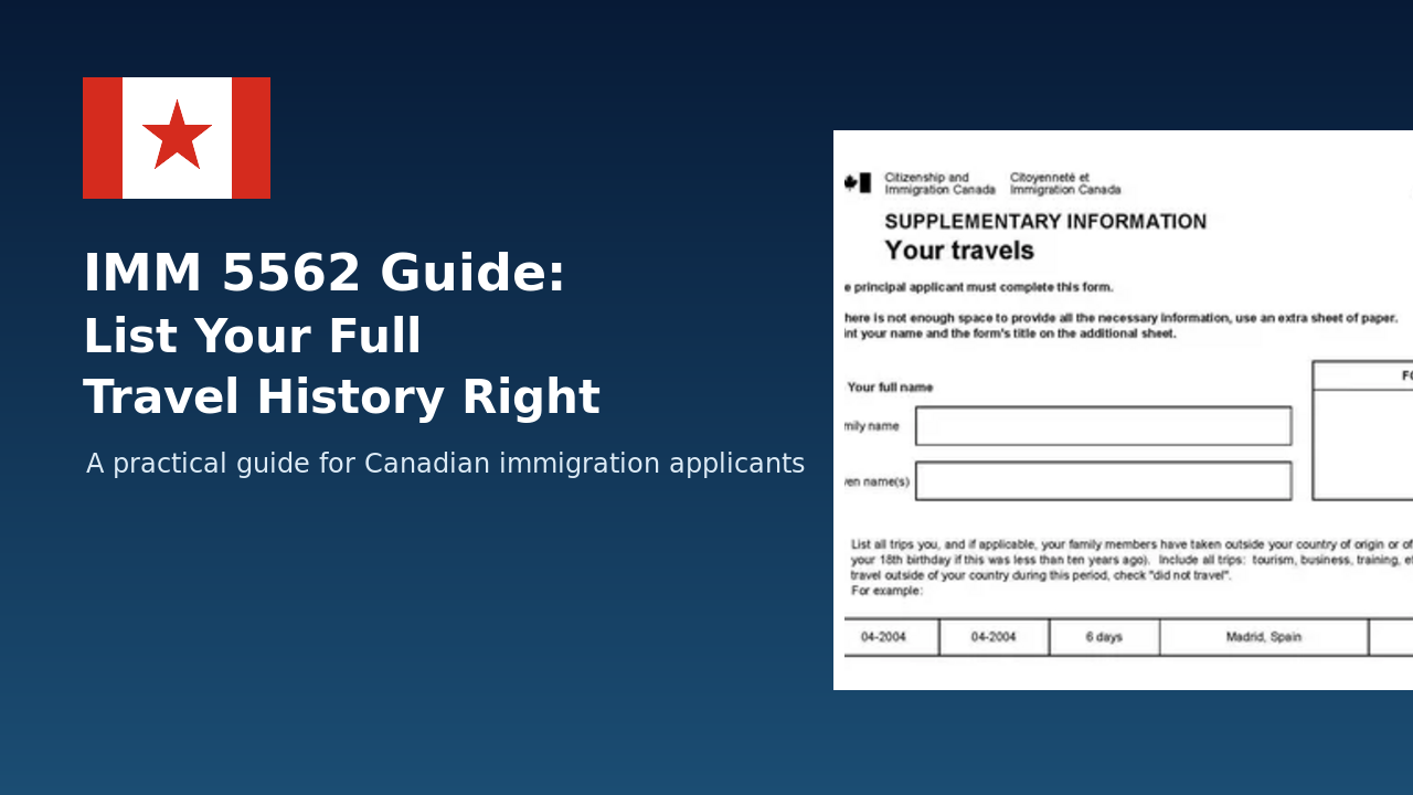 IMM 5562 travel history form beside a Canadian flag, with guidance for listing travel history correctly.