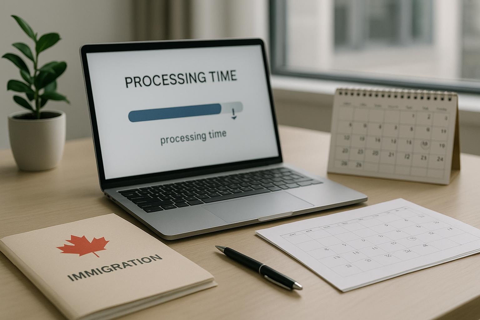 IRCC weekend hours guide featuring a laptop with processing time information, a calendar, Canadian immigration documents, and a Canada flag