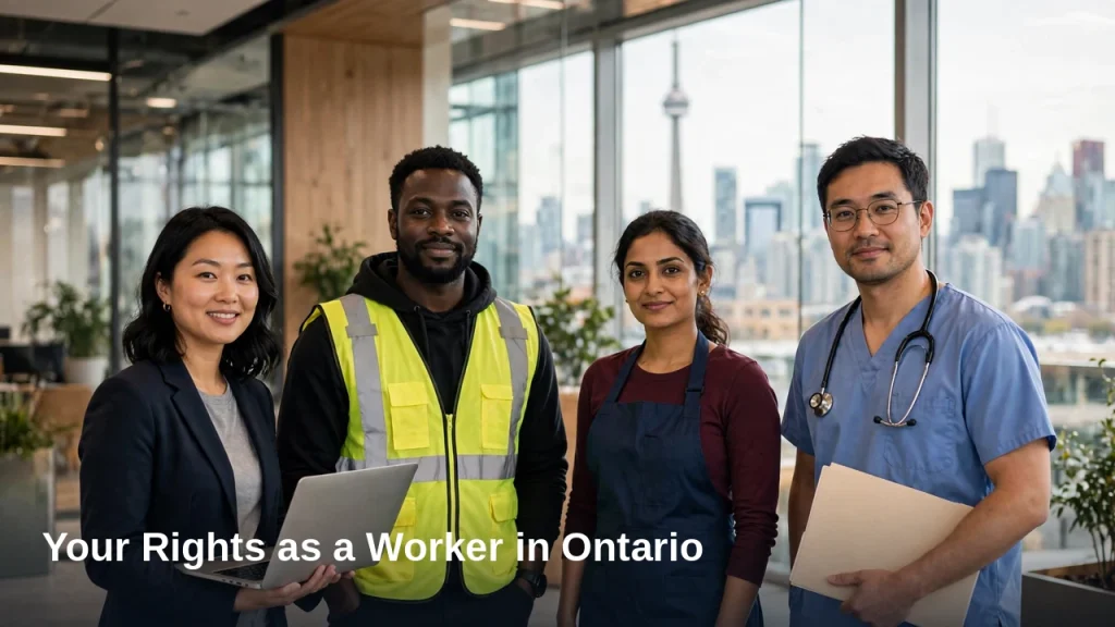 Diverse Ontario workers — office, warehouse, retail and healthcare employees — standing in a bright Toronto workplace, illustrating your rights as a worker in Ontario under the Employment Standards Act
