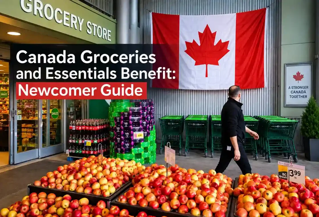 Canada Groceries and Essentials Benefit newcomer guide showing a Canadian grocery store, fresh produce and Canada flag.