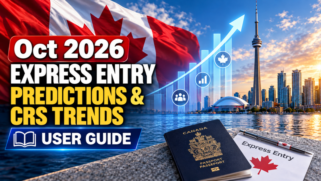 Oct 2026 Express Entry predictions and CRS trends user guide featuring Canadian flag Toronto skyline CN Tower rising CRS chart and Canada immigration visuals