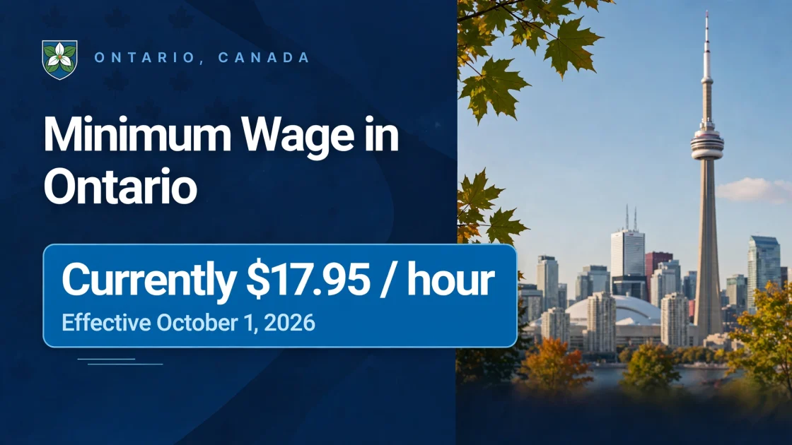 Ontario minimum wage 2026 $1795 per hour — Toronto skyline with CN Tower